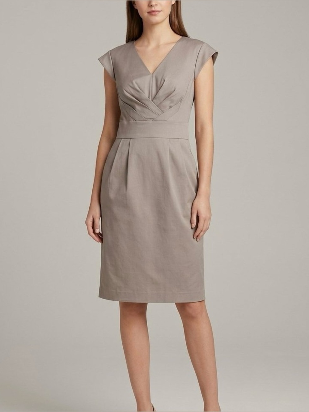 NWT Worthington Gray V-Neck Pleated Waist Midi Sheath Dress Size 14